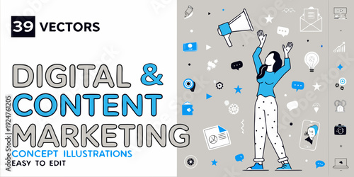 Digital and content marketing concept illustration with various vector elements