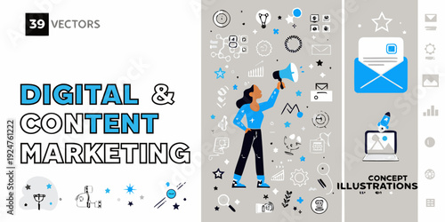 Digital and content marketing concept with illustrated vector elements