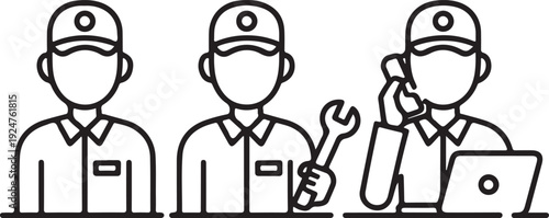 Three faceless technicians with tools and computer