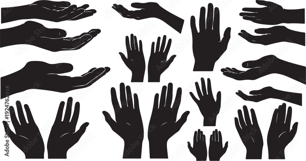 Fototapeta premium Collection of black hand silhouettes in various positions and gestures