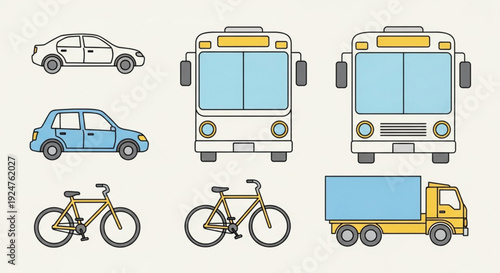Various transportation modes icons including cars buses bicycles and trucks for travel and commute concepts