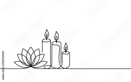 Elegant vector illustration of a serene lotus flower alongside three lit candles, gracefully drawn with a single continuous black line art design.