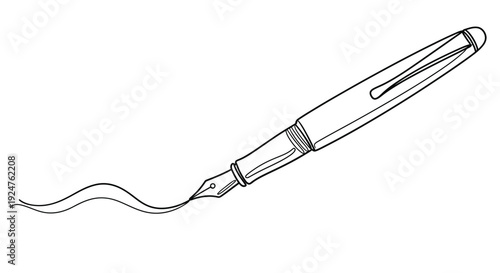 Hand-drawn continuous line illustration of a fountain pen with ink