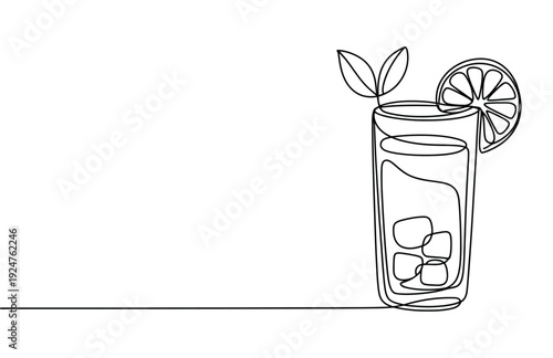 Minimalist continuous line vector illustration depicting a refreshing iced beverage garnished with citrus slice and green leaves