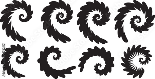 Set of black swirling spiral shapes on white background