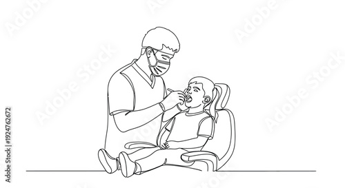 Dentist Examining Child's Teeth, Continuous Line Art