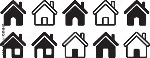 A collection of ten black and white house icons in two rows on a transparent background