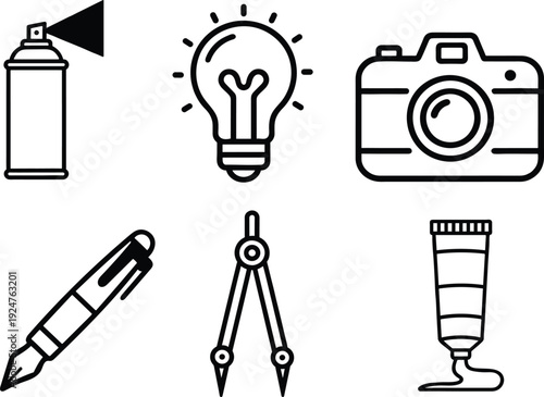 Creative tools including a spray can lightbulb camera pen compass and paint