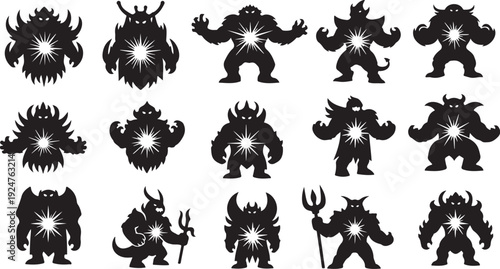 Collection of various monster silhouettes with glowing white centers