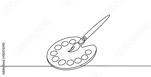 A simple line drawing of a paint palette with a paintbrush on a transparent background