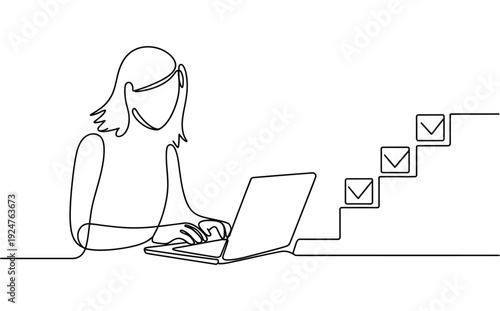 A woman is sitting at a laptop with a series of checkmarks ascending a staircase to her right on transparent background