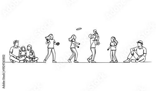 Continuous Line Outdoor Family Activities Minimal Black and White Vector Illustration on White