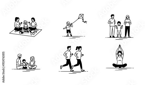 Minimalist Black and White Families Enjoying Outdoor Activities Vector Illustration Set on White