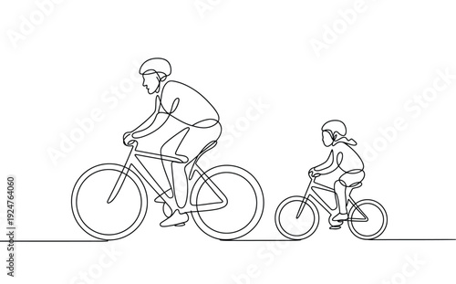 A minimalist line drawing of a man and a child riding bicycles side by side on transparent background