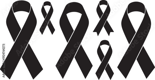 Black awareness ribbons on white background for support causes