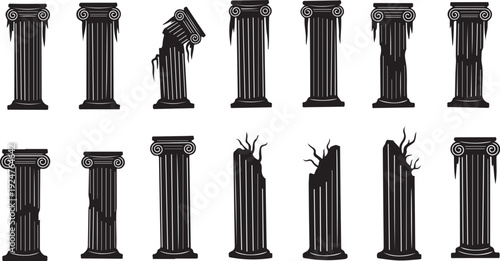 Set of damaged ancient stone columns in black silhouette