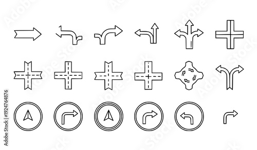 Minimal outline road navigation and turning arrow icon set isolated on transparent background