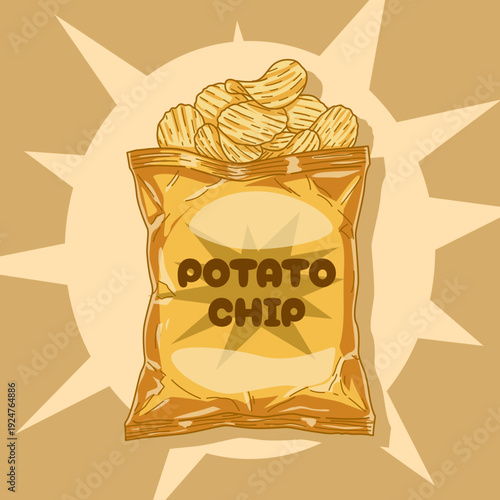 Golden crispy potato chips with wavy edges. Artistic hand-drawn illustration of an open bag of golden crispy potato chips. National Potato Chip Day, March 14th