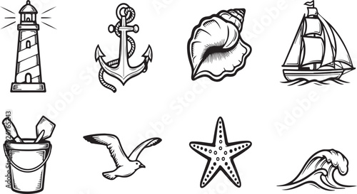Nautical and beach-themed icons showcasing various maritime elements Vector