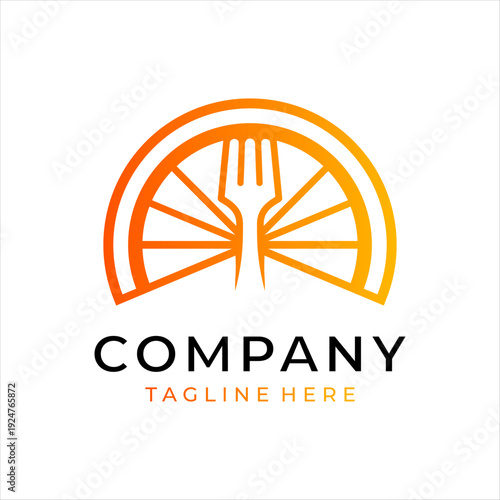 A logo that combines a fork and a slice of orange. This logo is perfect for a food business.
