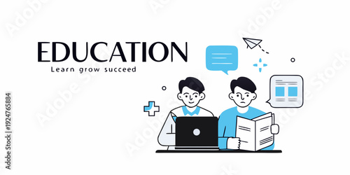 Illustration depicting education learning and students using technology