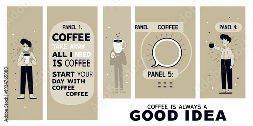 Coffee themed story panels with a woman and coffee cups