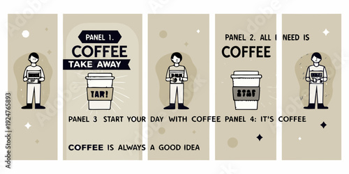 Four panel comic strip emphasizing the need for coffee to start the day
