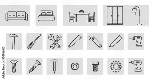 Collection of line icons for home improvement and diy projects including furniture tools and hardware