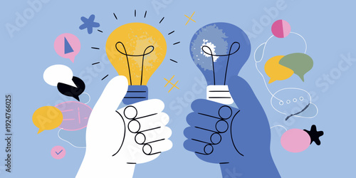 Two hands holding lightbulbs with surrounding colorful abstract shapes