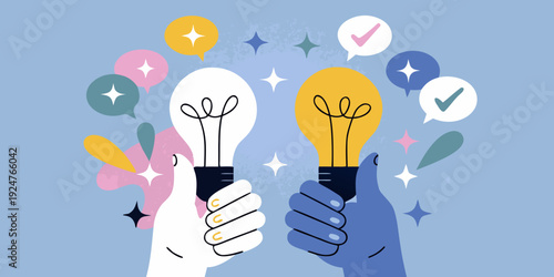 Hands giving thumbs up with glowing lightbulbs and sparkling elements