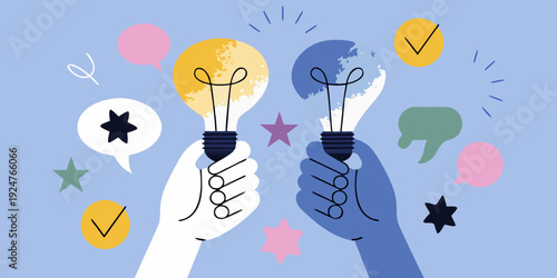 Hands reaching with glowing lightbulbs amidst colorful idea bubbles