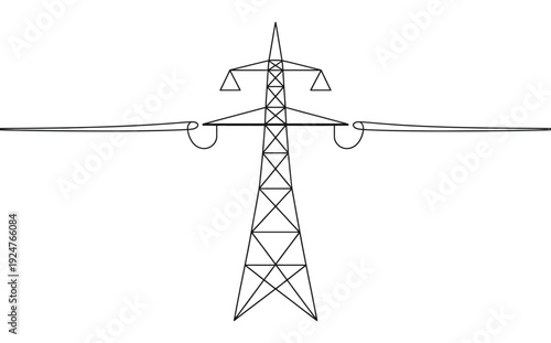 A black and white line drawing of a power transmission tower with wires on transparent background