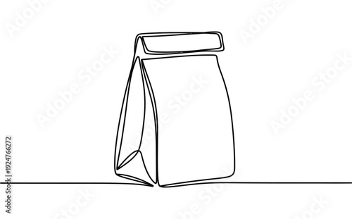 A simple line drawing of a standing pouch with a rectangular top on transparent background