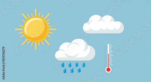 Weather forecast icons with sun clouds rain and thermometer on blue background