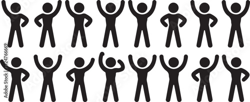 Photos A group of 16 stick figures celebrating with raised arms in unison