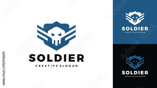 Military Skull Head Vector Logo with Shield and Wings Modern Minimalist Style Vector Illustration Design