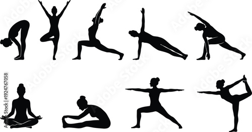 Yoga poses silhouette collection featuring female fitness exercises, stretching postures, meditation and balance training for wellness, flexibility and healthy lifestyle concept