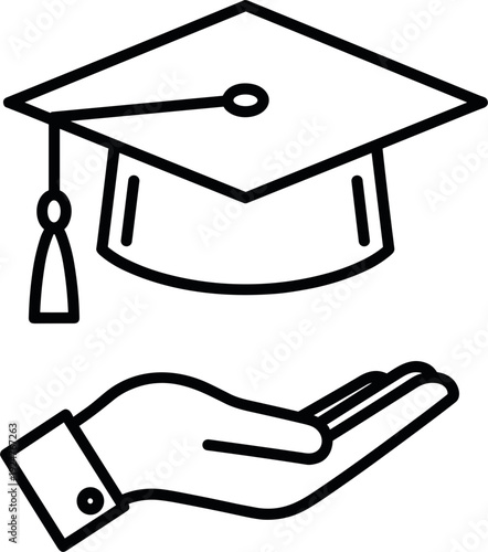 Graduation cap above helping hand line icon education support scholarship assistance mentorship concept vector illustration
