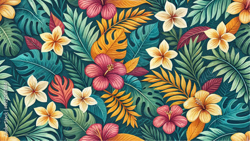 Vibrant tropical floral seamless pattern with hibiscus, plumeria, and palm leaves on dark background.