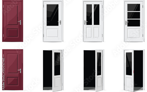 Interior Door Collection Vector Illustration Set with Wooden and Glass Doors in Open and Closed Positions Isolated on White Background