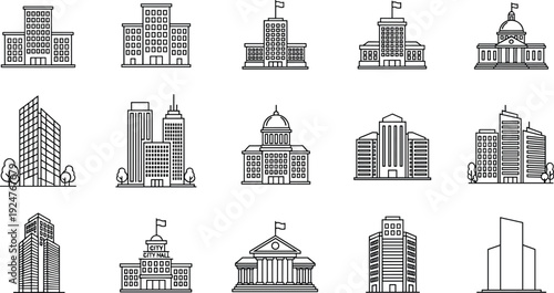 City Building Line Icon Collection Vector Illustration Set with Government Office Skyscraper and Urban Architecture Isolated on White Background