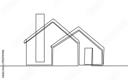 A simple line drawing of a house with a chimney and a smaller attached structure on transparent background