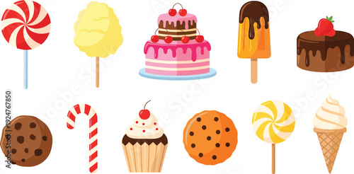 Sweet Dessert Collection Vector Illustration Set with Cake Ice Cream Lollipop Cookie and Candy Isolated on White Background for Bakery Design