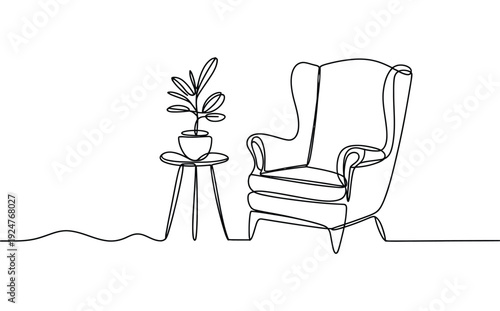 A simple line drawing of a wingback chair and a small side table with a potted plant on transparent background