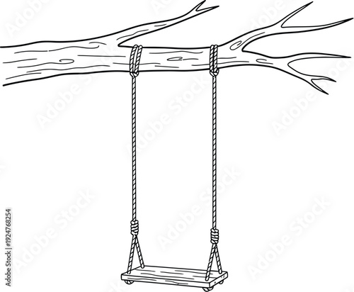 A classic tree swing with a sturdy wooden seat and rope suspension hangs from a thick branch, offering nostalgic childhood fun and outdoor play opportunities in a simple line art illustration.