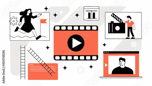 Illustration depicting various elements of video production and online content