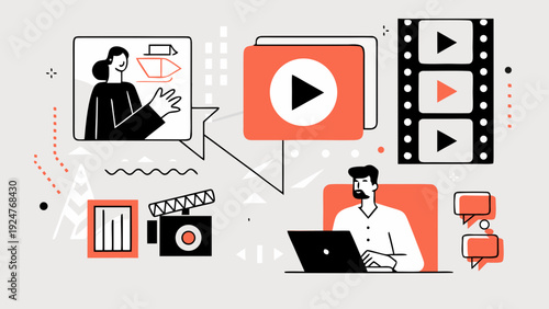 Digital communication and video content creation illustrated with modern graphics