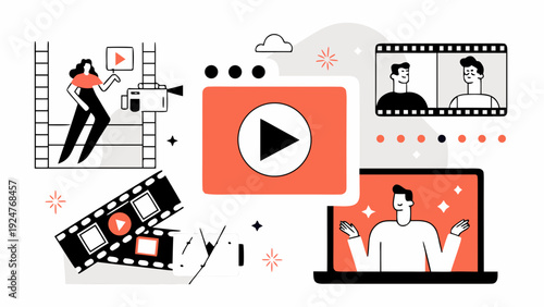 Filmmaking and video streaming concept with various related elements