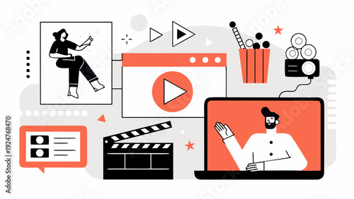 Creating video content illustration of filmmaking and online broadcasting