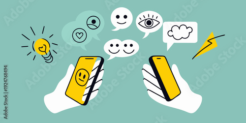 Hands holding phones with playful illustrations and expressive speech bubbles